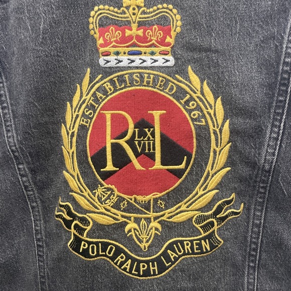 Polo Ralph Lauren Gold Crown Crest Black Trucker Denim Jean Jacket Medium - Picture 2 of 9
